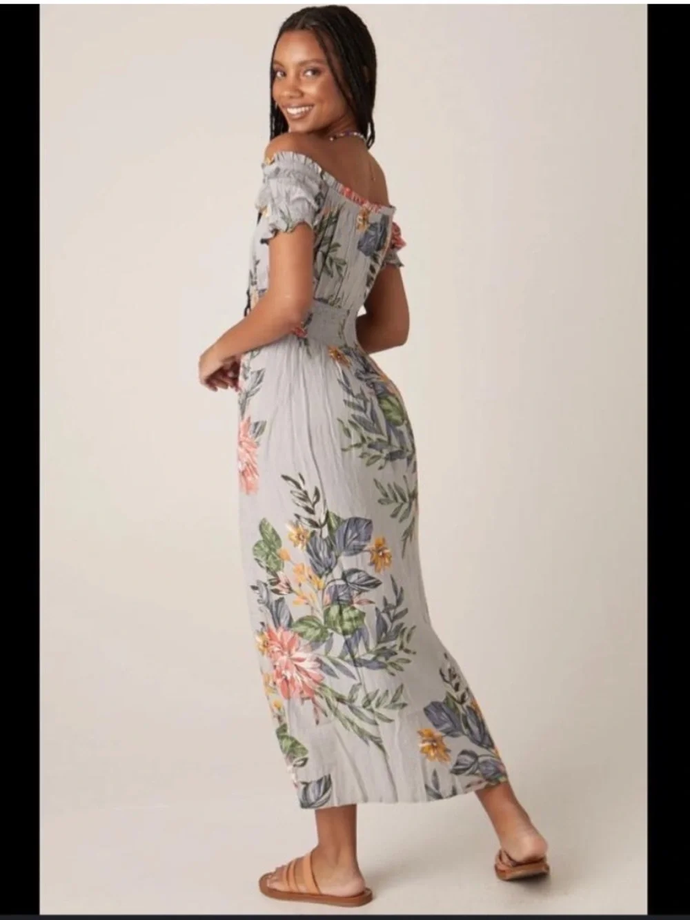 PATRONS OF PEACE Gray Floral Maxi Dress with Smocked Waist - Picture 2 of 11